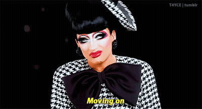 A Drag Queen Is Wearing A Hat And Earrings And Says Moving On . GIF