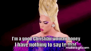 A Drag Queen Is Wearing A Purple Dress And Feathers And Has A Quote . GIF