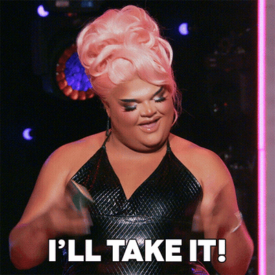 a drag queen says " i 'll take it " while wearing a black dress