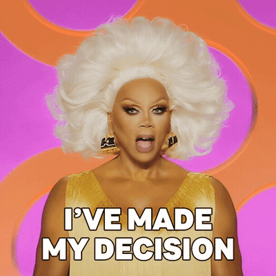 A Drag Queen Says " I 'Ve Made My Decision " In Front Of A Purple And Orange Background GIF