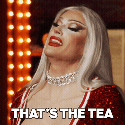 A Drag Queen Says " That 'S The Tea " While Wearing A Red Dress GIF