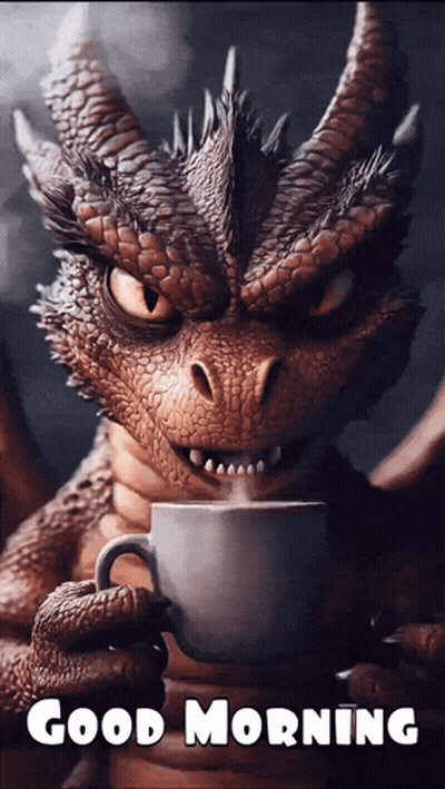A Dragon Holding A Cup Of Coffee With The Words Good Morning Written On The Bottom GIF