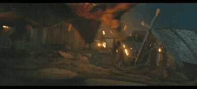 A Dragon Is Flying In The Dark With Flames Behind It GIF