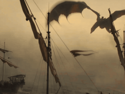 A Dragon Is Flying Over A Boat In The Fog GIF