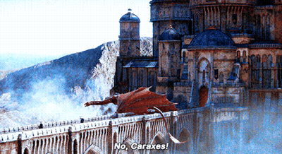 A Dragon Is Flying Over A Bridge With The Words " No Caraxes " Written Below It GIF
