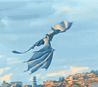 A Dragon Is Flying Over A City With A Building In The Background . GIF