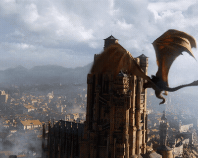 A Dragon Is Flying Over A City With A Castle In The Background GIF