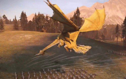 A Dragon Is Flying Over A Field Of Soldiers In A Video Game GIF