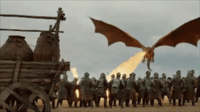 A Dragon Is Flying Over A Group Of Men GIF