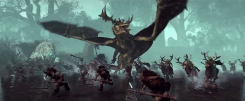 A Dragon Is Flying Over A Group Of People With Swords GIF