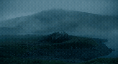 A Dragon Is Laying On The Ground In A Foggy Landscape GIF