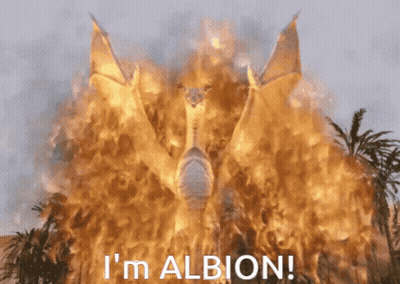 A Dragon Is Surrounded By Flames With The Words I 'M Albion Written Below It GIF