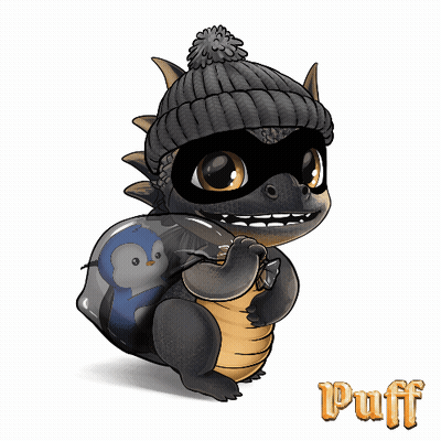 A Dragon Wearing A Mask And A Beanie Is Holding A Bag With A Penguin Inside Of It GIF