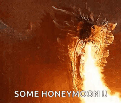 A Dragon With Flames Coming Out Of Its Mouth And The Words `` Some Honeymoon '' . GIF