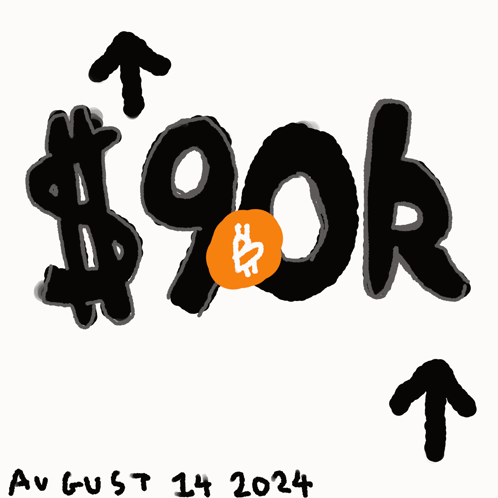 A Drawing Of $ 90K With An Orange Coin In The Middle And The Date August 14 2024 GIF