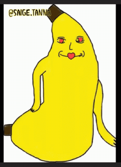 A Drawing Of A Banana With Red Eyes And A Heart On It GIF