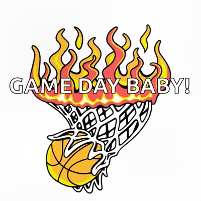 A Drawing Of A Basketball Going Through A Net With Flames And The Words Game Day Baby Below It GIF
