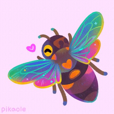 A Drawing Of A Bee With Rainbow Colored Wings And A Pink Heart With The Name Pikaole Below It GIF
