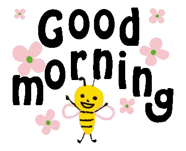 A Drawing Of A Bee With The Words " Good Morning " Surrounded By Pink Flowers Sticker