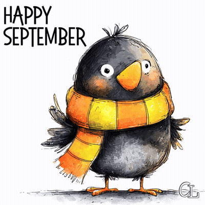 A Drawing Of A Bird Wearing A Scarf With The Words Happy September On The Bottom GIF