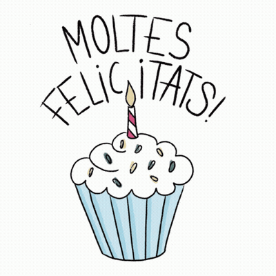 A Drawing Of A Birthday Cupcake With The Words Moltes Felicitats Written Above It GIF
