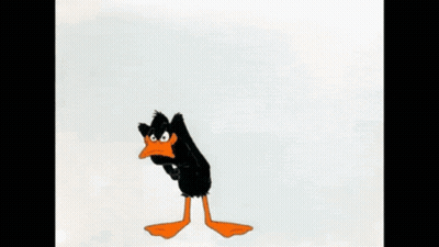A Drawing Of A Black And Orange Duck With Arms And Legs Spread Out GIF