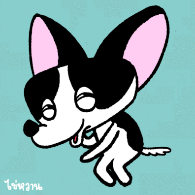 A Drawing Of A Black And White Dog With A Pink Ear On A Blue Background GIF