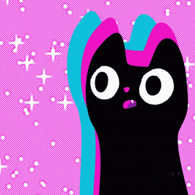 A Drawing Of A Black Cat With White Eyes And A Pink Nose GIF