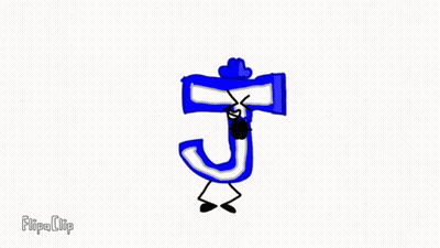 A Drawing Of A Blue And White Letter J With Arms And Legs On A White Background . GIF