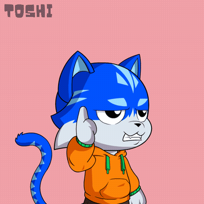 A Drawing Of A Blue Cat With A Light Bulb Above His Head And The Word Toshi Below It GIF