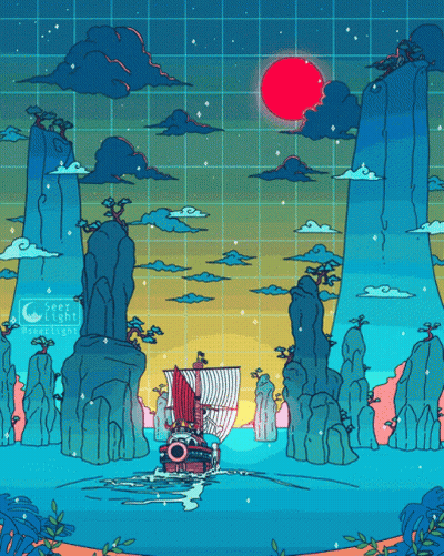 A Drawing Of A Boat In The Ocean With The Words Seer Light Written On The Bottom GIF