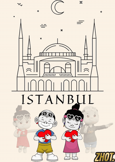 A Drawing Of A Boy And Girl Holding Hearts In Front Of A Mosque With The Word Istanbul On The Bottom GIF