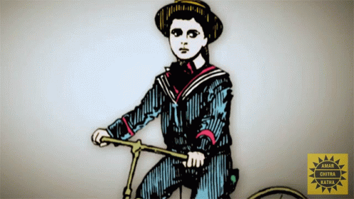 A Drawing Of A Boy Riding A Bike With The Words Amal Chitra Katha On The Bottom Left GIF