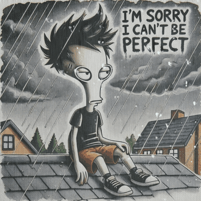 A Drawing Of A Boy Sitting On A Roof With The Words I 'M Sorry GIF