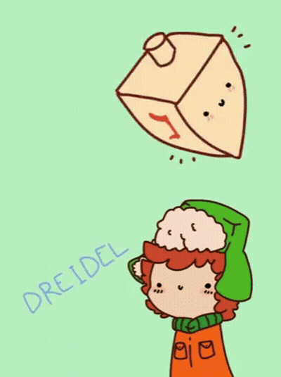 A Drawing Of A Boy Wearing A Green Hat With The Word Dreidel Below Him GIF