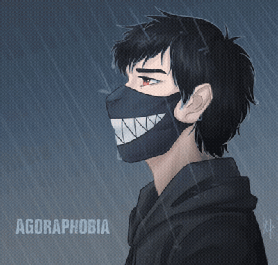 A Drawing Of A Boy Wearing A Mask With The Word Agoraphobia On The Bottom GIF