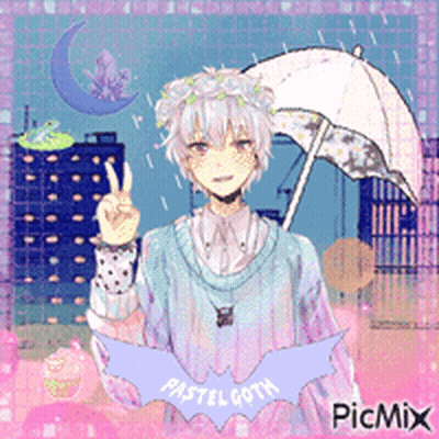 A Drawing Of A Boy With An Umbrella And The Words Pastel Goth On The Bottom GIF