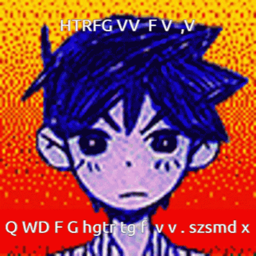 A Drawing Of A Boy With Blue Hair And A Red Background GIF