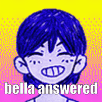 A Drawing Of A Boy With Blue Hair And The Words `` Bella Answered '' Written Below It . GIF