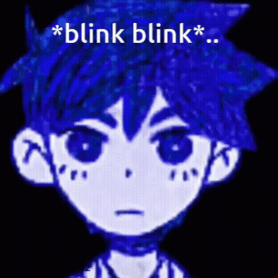 A Drawing Of A Boy With Blue Hair And The Words " Blink Blink " GIF