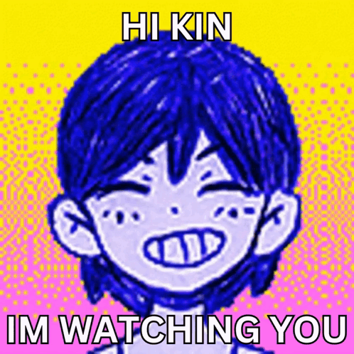 A Drawing Of A Boy With Blue Hair And The Words Hi Kin Im Watching You GIF