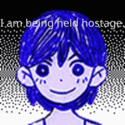 A Drawing Of A Boy With Blue Hair And The Words `` I Am Being Held Hostages '' . GIF