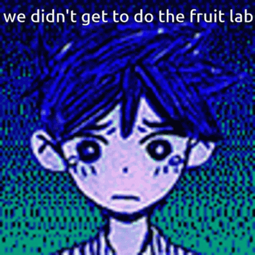 A Drawing Of A Boy With Blue Hair And The Words `` We Didn 'T Get To Do The Fruit Lab '' . GIF