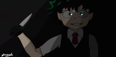 A Drawing Of A Boy With Green Hair Holding A Knife With A Signature On The Bottom Left GIF