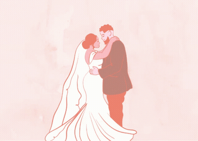 A Drawing Of A Bride And Groom With The Words King Zeus & Queen Yuki GIF