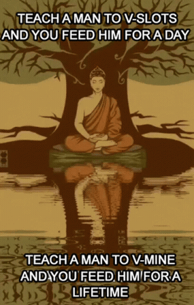 A Drawing Of A Buddha Sitting Under A Tree With The Words Teach A Man To V-Slots GIF
