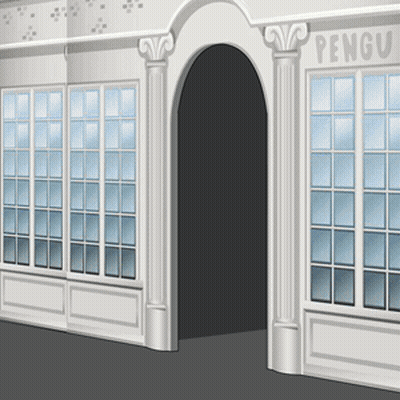 A Drawing Of A Building With A Sign That Says Penguin GIF
