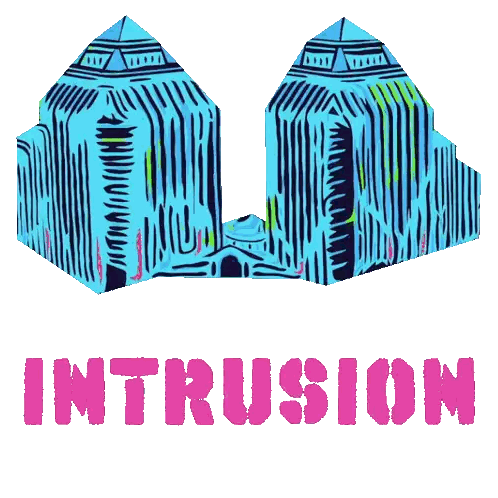 A Drawing Of A Building With The Word Intrusion Written Below It Sticker