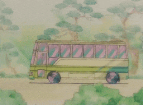 A Drawing Of A Bus Driving Through A Lush Green Forest GIF