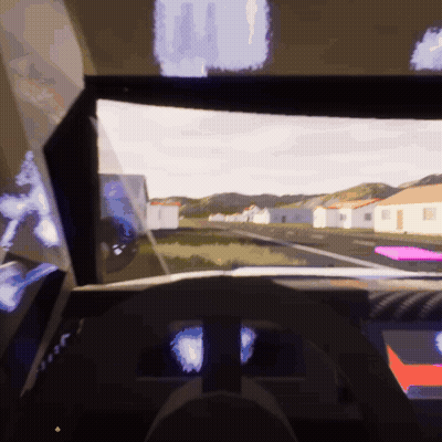 A Drawing Of A Car Driving Down A Road With Houses In The Background GIF